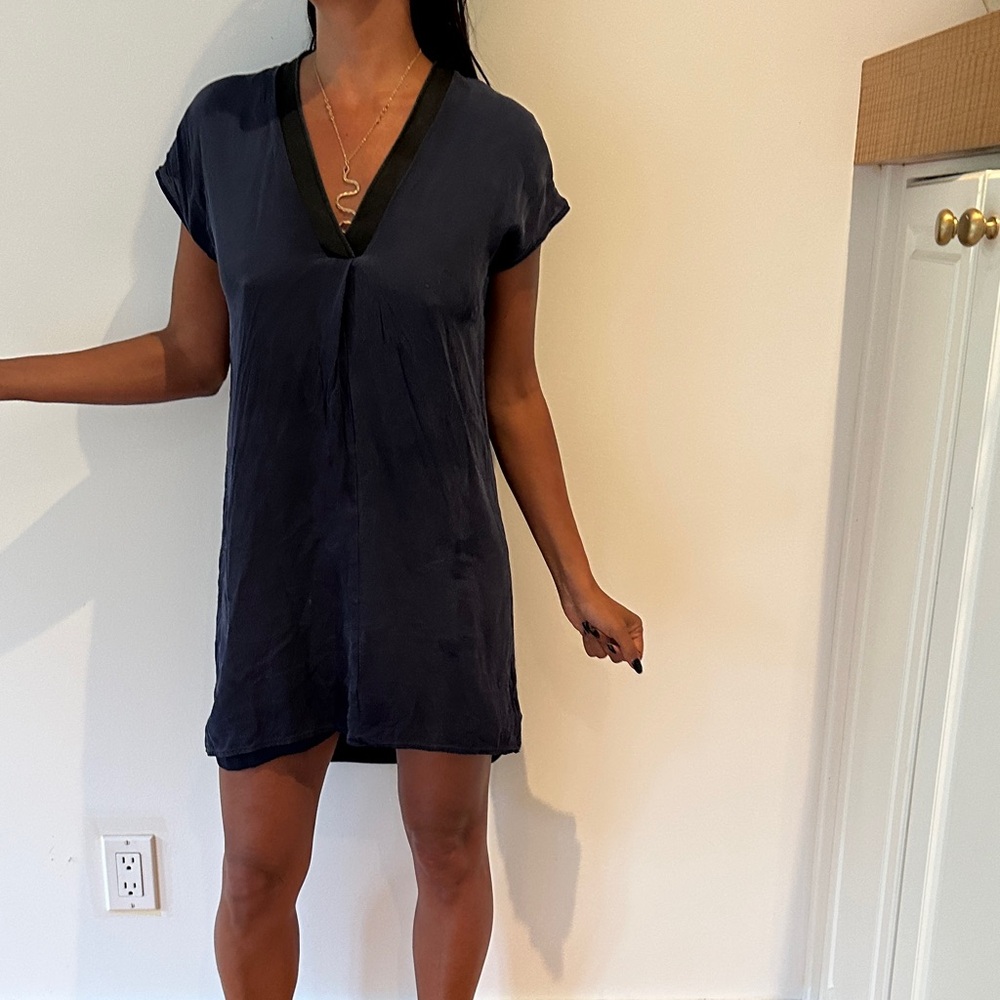 Vince Navy Blue V-Neck Midi Dress with Black Trim